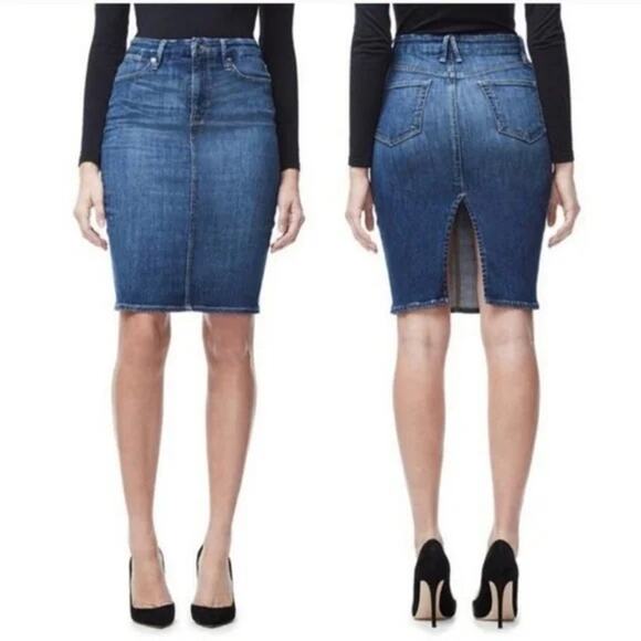 MSRP $149 Good American Dark Denim Back Slit Skirt Size 8/29 | SAME DAY SHIP - Picture 1 of 8